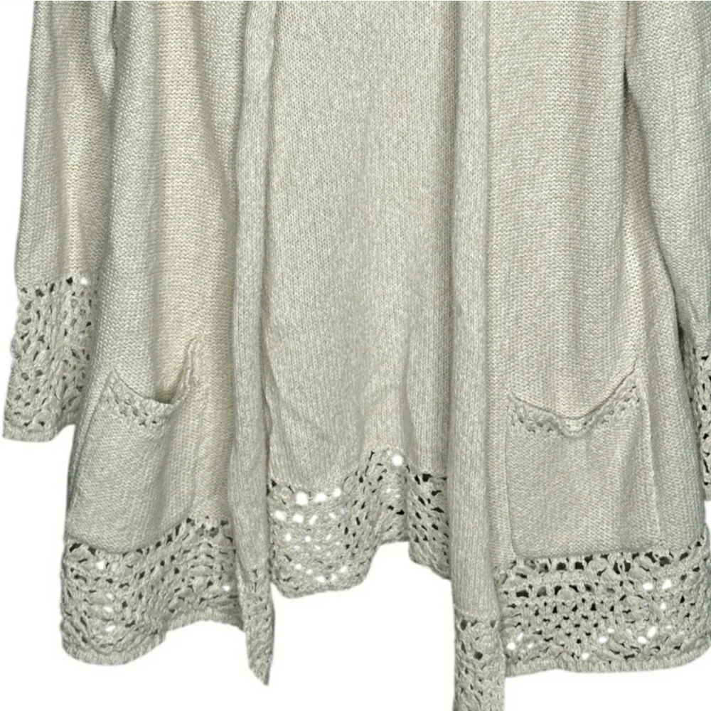 Lucky Brand Ivory Open Front Crochet Trim Cardigan Sweater Medium Boho